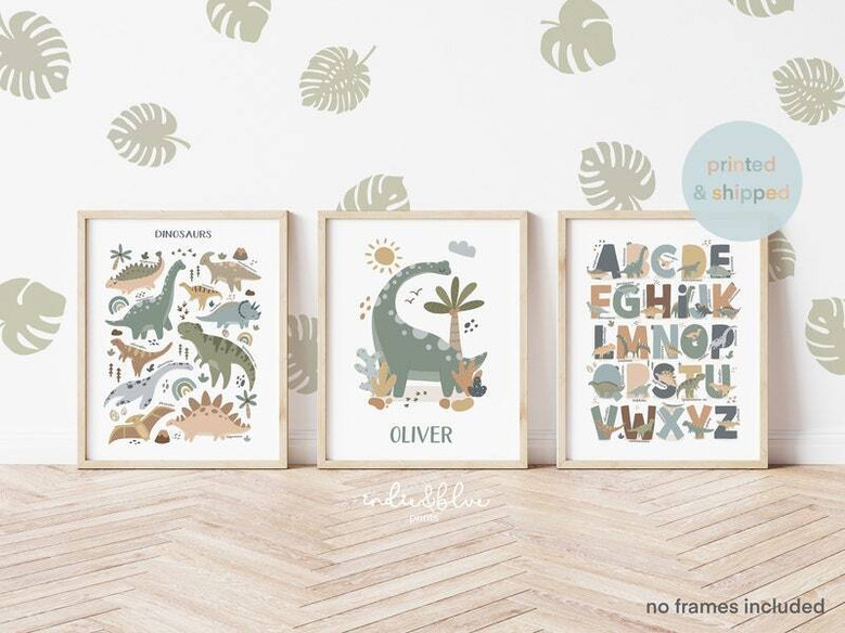 Dinosaur canvas set with A–Z letters, personalized for kids; minimalist Scandi wall art for playroom in muted earth tones.