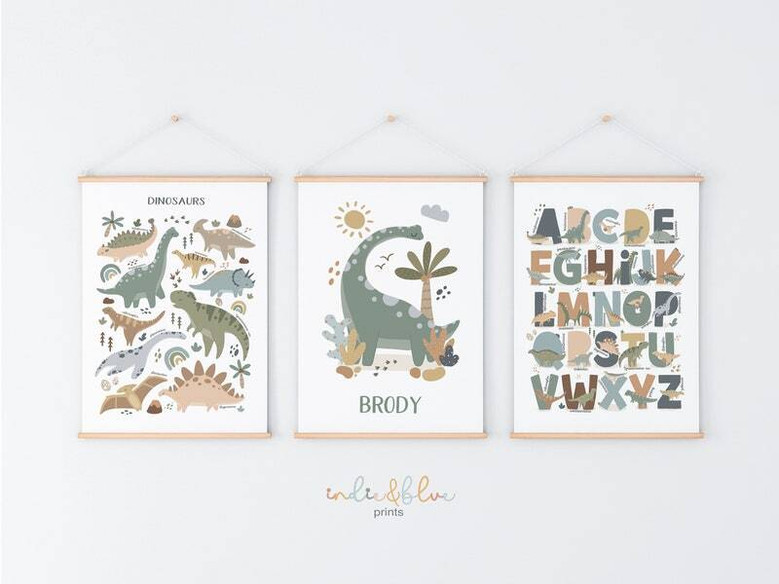 Dinosaur alphabet canvas set, personalized with child’s name; Scandinavian style prints for kids’ bedroom wall decor.