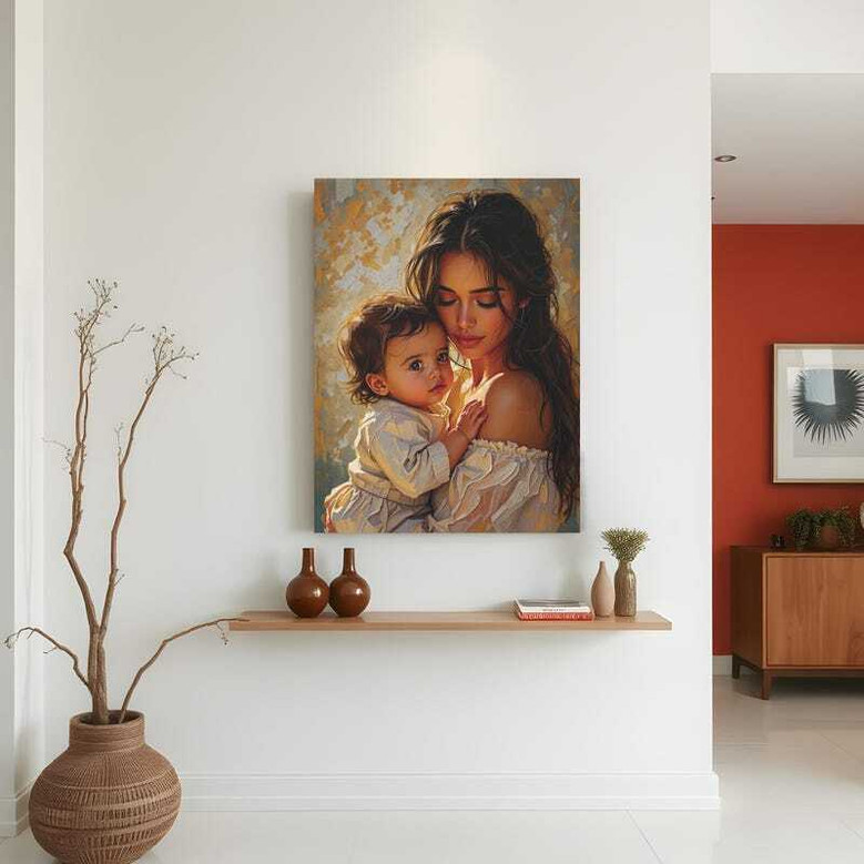 Mother and baby canvas print, custom names; heartfelt nursery wall decor, Mother's Day gift, minimalist line art style.