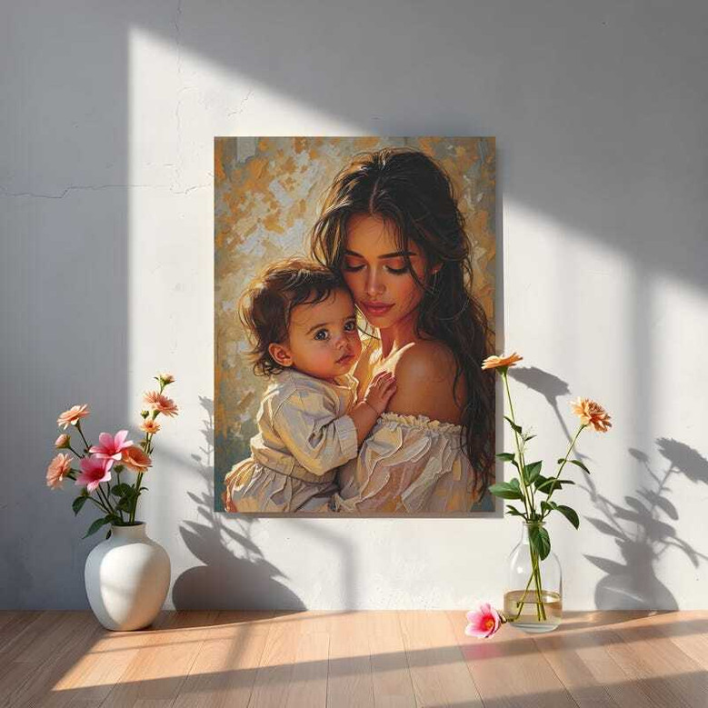 Mother and baby canvas art, custom names; sentimental nursery decor, Mother's Day gift, soft blush pastel palette.