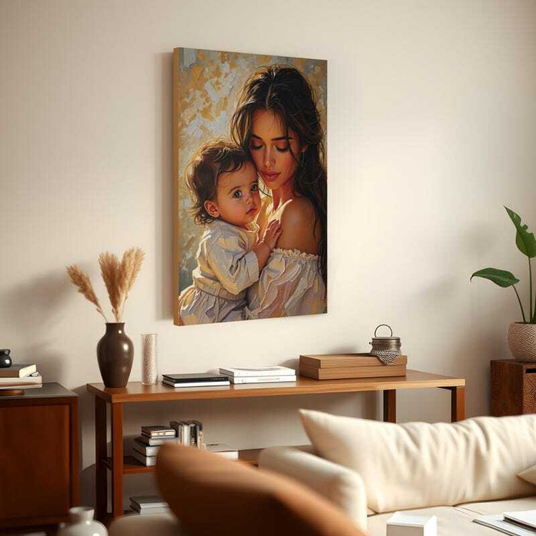 Mother and baby canvas print, personalized names; sentimental nursery decor, Mother's Day gift, warm sepia watercolor.