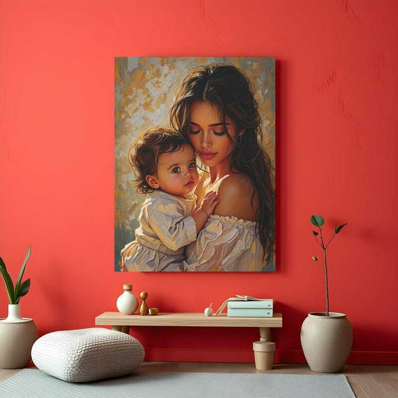 Mother and baby canvas art, custom names and birth date; cozy nursery decor, Mother's Day gift, neutral beige and cream.