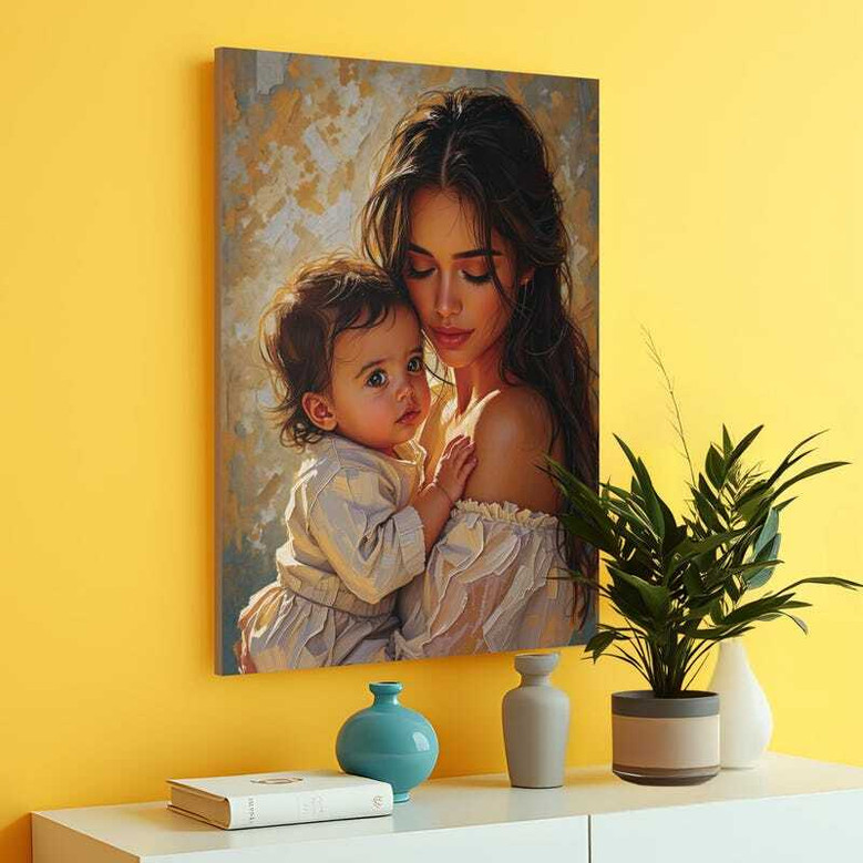 Mother and baby canvas art, personalized with names and date; tender nursery decor, Mother's Day gift, sage green palette.