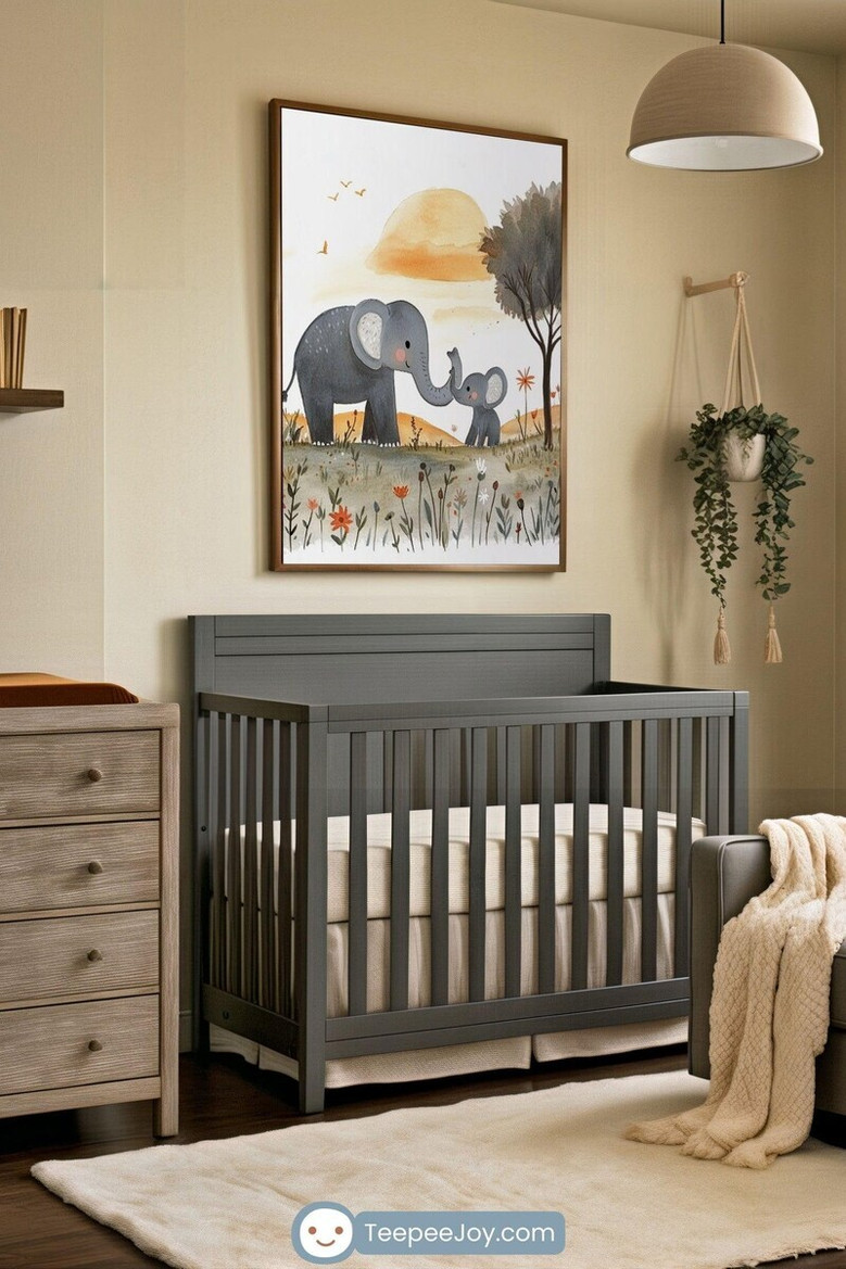 Affectionate mom and baby elephant nursery canvas, gender-neutral kids room safari decor on stretched canvas, calming tones Affectionate mom and baby elephant nursery canvas, gender-neutral kids room safari decor on stretched canvas, calming tones