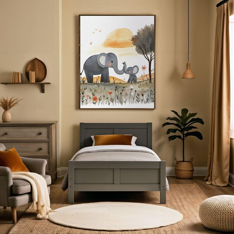 Affectionate mom and baby elephant nursery canvas wall art, safari theme for a gender-neutral kids room or above crib Affectionate mom and baby elephant nursery canvas wall art, safari theme for a gender-neutral kids room or above crib
