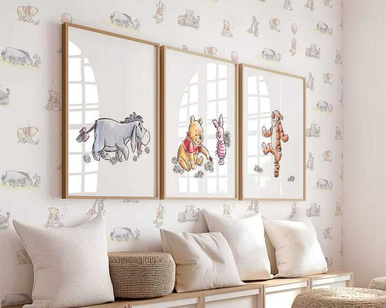 Winnie the Pooh nursery canvas set with soft neutral tones, wall decor for a serene children's bedroom, nursery style.