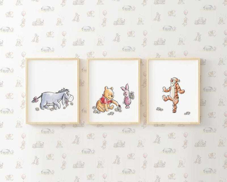 Winnie the Pooh nursery canvas set showcasing minimalist watercolor style, wall art for a modern nursery or children's room.