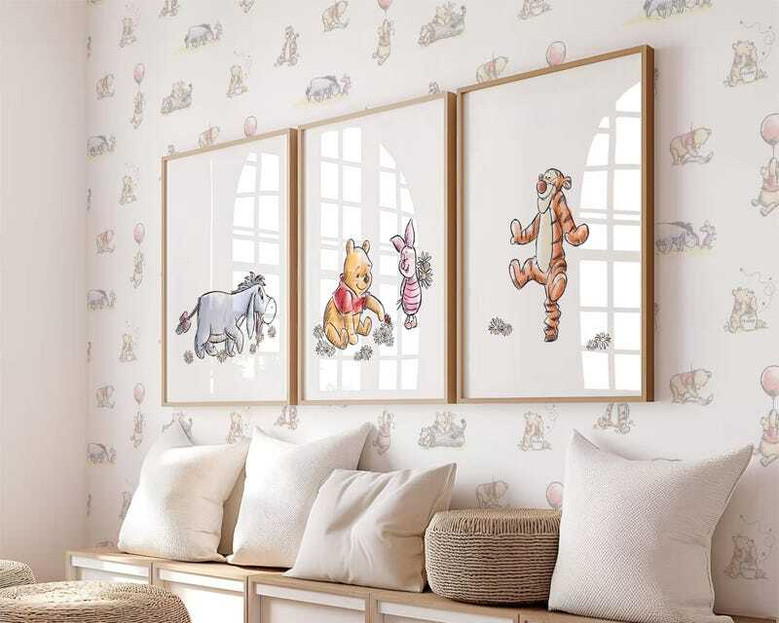 Winnie the Pooh nursery canvas set featuring gentle pastel art, soothing wall decor for a child's bedroom or baby nursery.