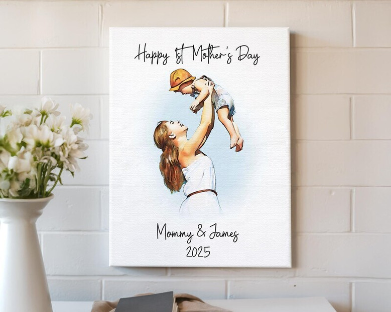 First Mother's Day canvas gift, soft watercolor mother cuddling newborn, custom names and date, thoughtful decor for new moms
