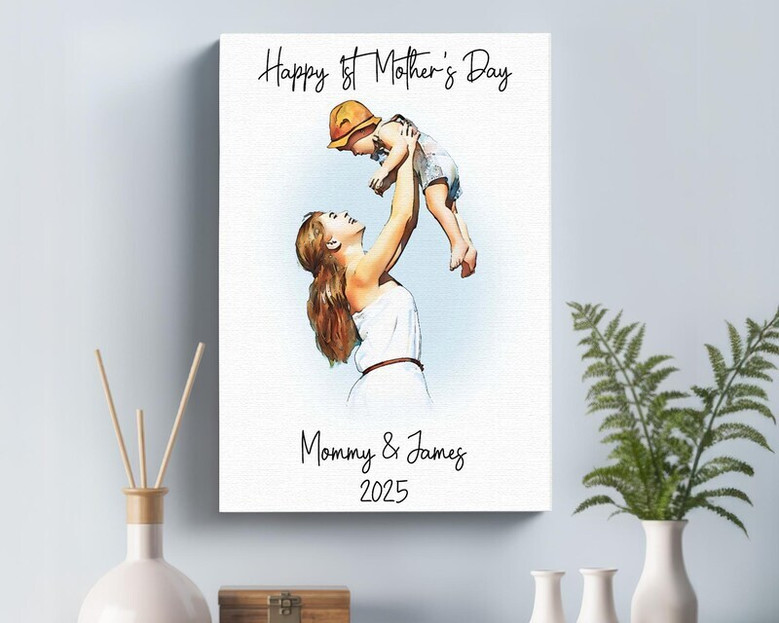 First Mother's Day canvas wall art, custom watercolor mom and infant portrait from your photo, ideal for living room display