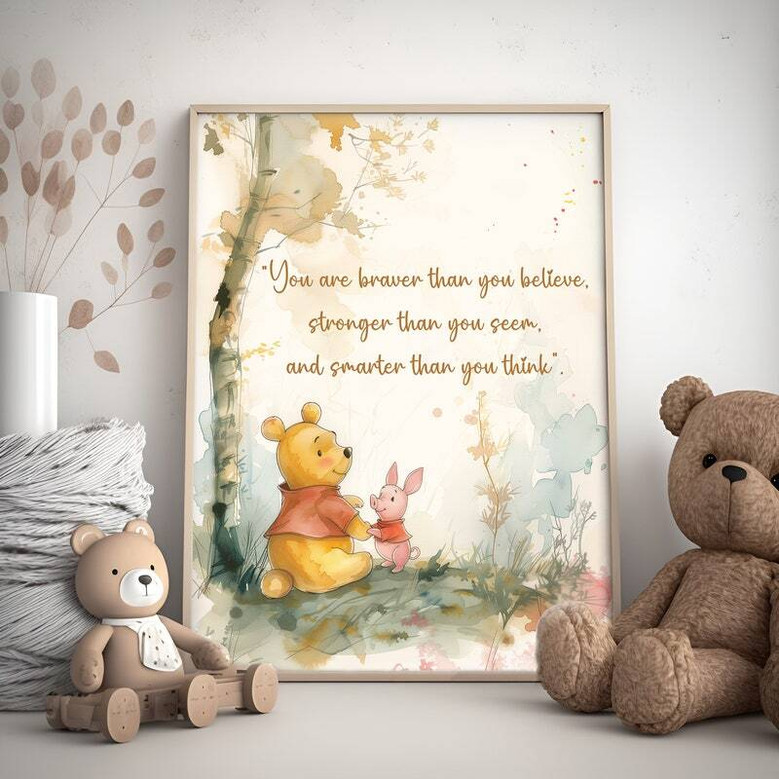 Winnie the Pooh inspirational quotes canvas, sky blue background with honey pot accents, landscape nursery wall art for baby