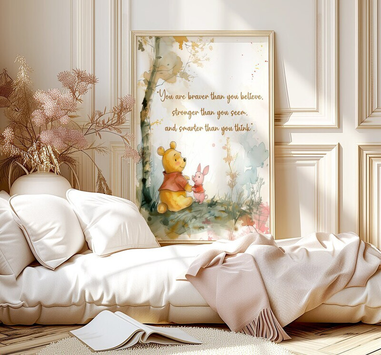 Winnie the Pooh nursery quote canvas wall art, neutral gray background, landscape orientation, timeless decor for the baby room