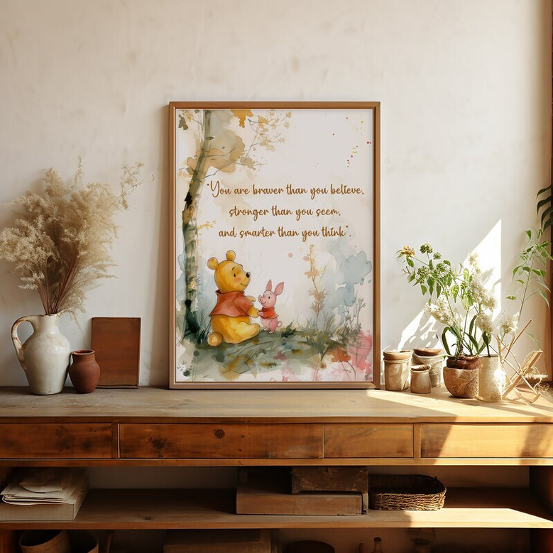 Winnie the Pooh inspirational quote canvas, cream background with Hundred Acre Wood outline, portrait, thoughtful baby shower gift