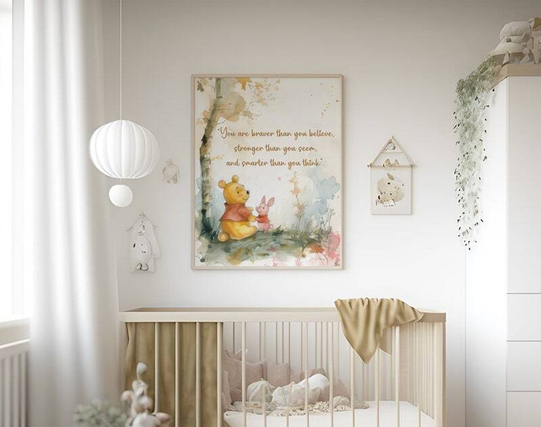 Winnie the Pooh inspirational nursery quotes canvas, sage green minimalist typography, portrait orientation, calming baby room decor