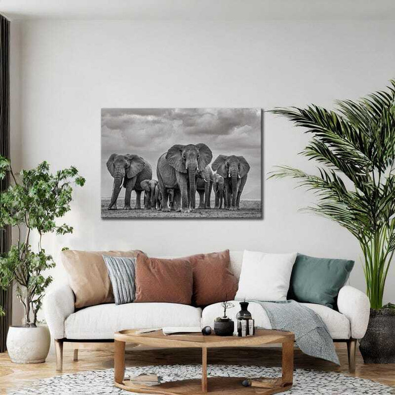 Elephant family canvas art, minimalist style against a soft neutral backdrop, living room accent for nature lovers