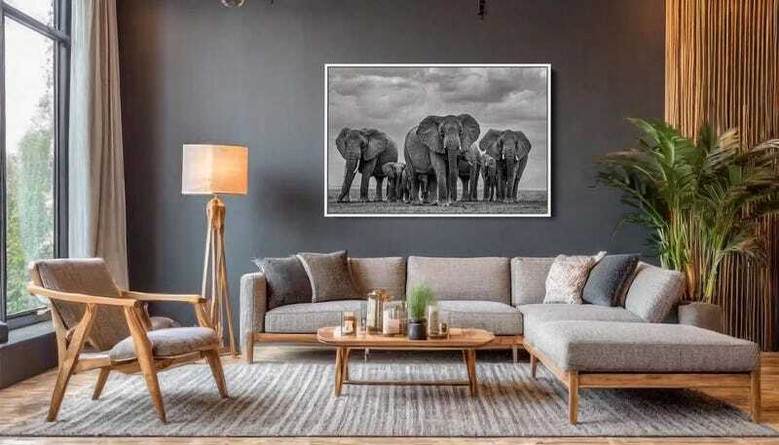 Elephant family canvas art with rustic earthy palette and savanna horizon, perfect gift for animal lovers and new homeowners