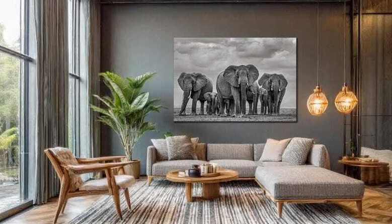 Elephant family canvas art, close-up African elephants with calves in a serene scene, tasteful decor for the living room