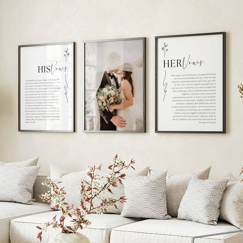 Wedding vow canvas set wall art, personalized with names and date, romantic anniversary gift for husband or wife, two-panel