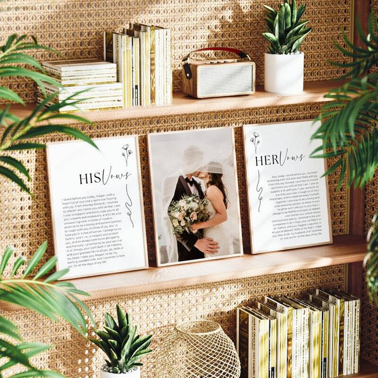 Wedding vow canvas set, modern black background with white text, personalized pair, horizontal layout for living room decor