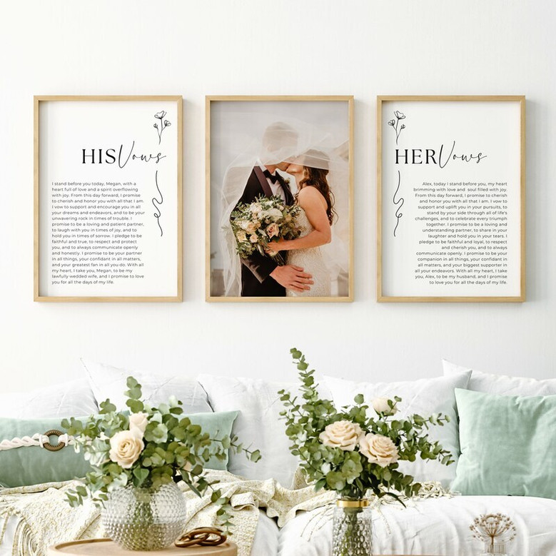 Wedding vow canvas set with calligraphy script, custom names and wedding date, set of two panels for gallery wall home decor