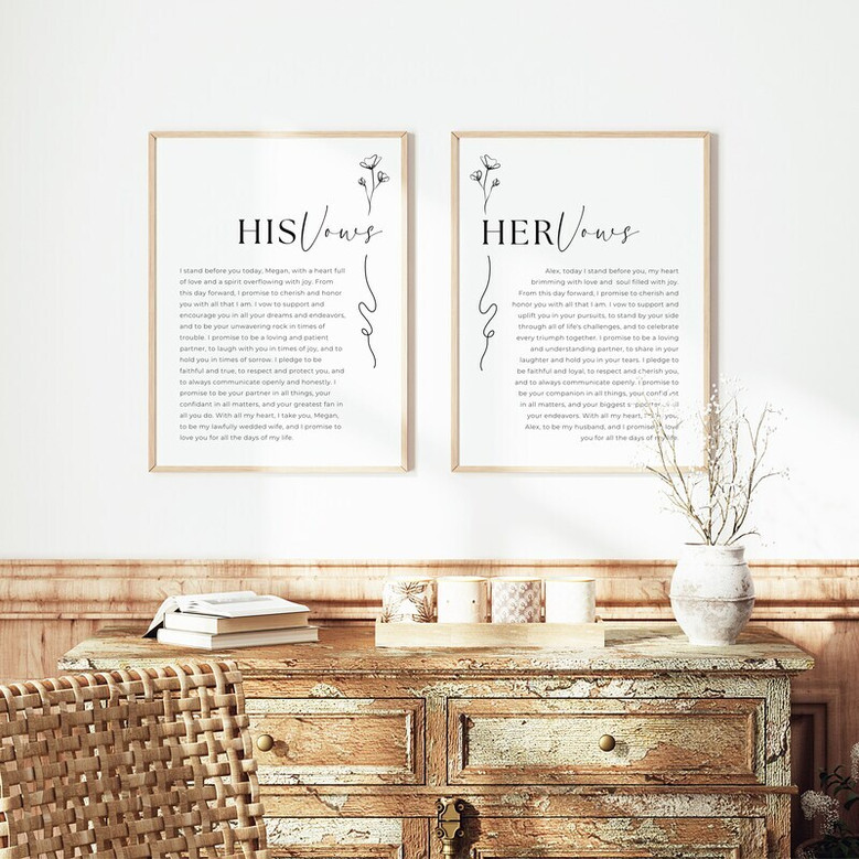 Wedding vow canvas set with elegant script typography, custom names and date, vertical pair for bedroom decor above the bed