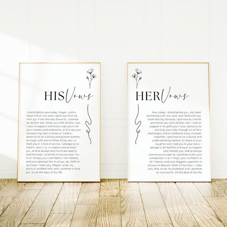 Wedding vow canvas set in rustic neutral tones, his and hers design, custom names and date, romantic anniversary gift decor