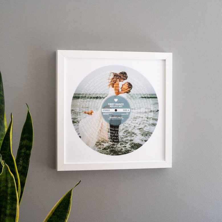 First dance song lyric canvas wall art personalized with names and date, modern serif text, small heart icon, landscape