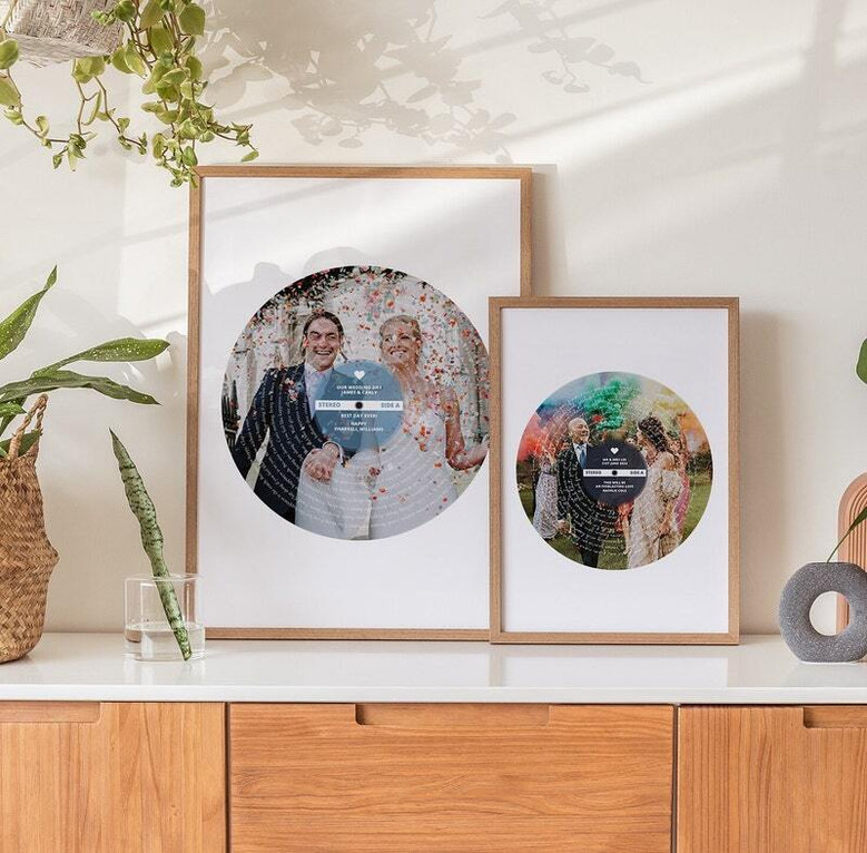 First dance song lyric canvas wall art custom names and date, charcoal background with circular lyrics like a vinyl record