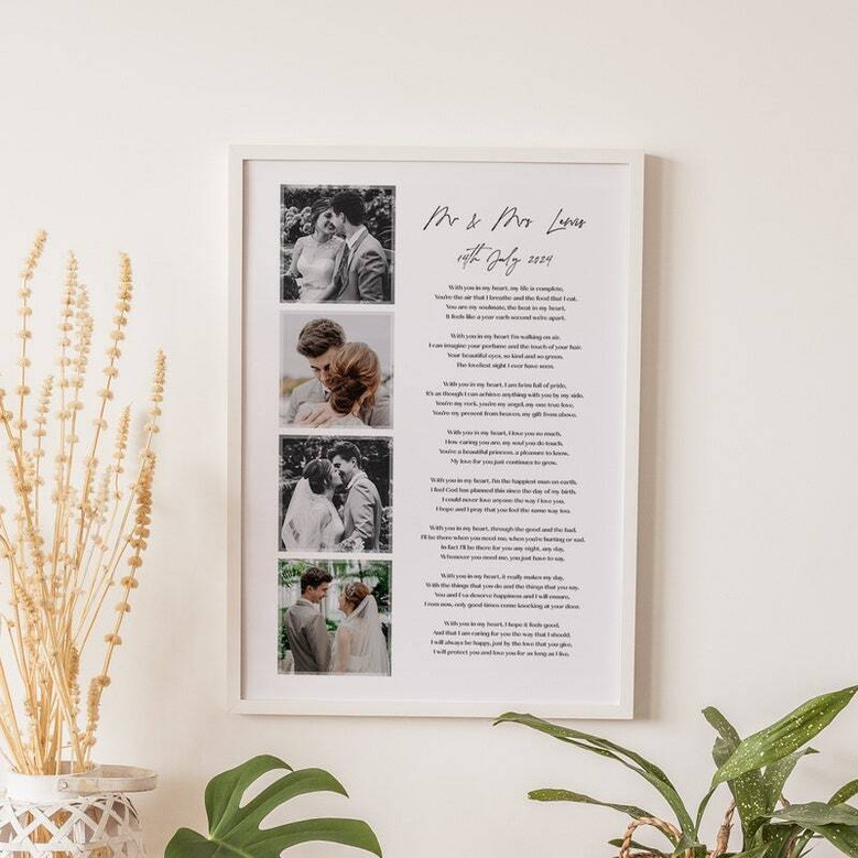 wedding vow canvas, landscape with rustic wood background, custom photo and vows in script, warm neutral tones