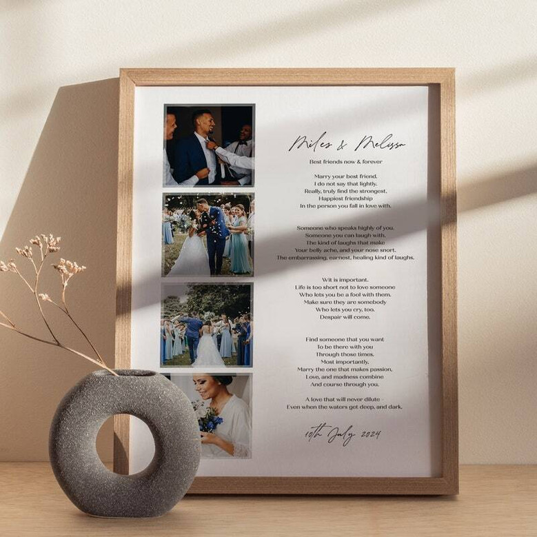 wedding vow canvas featuring personalized photo, names, and date in elegant script, first anniversary gift for her