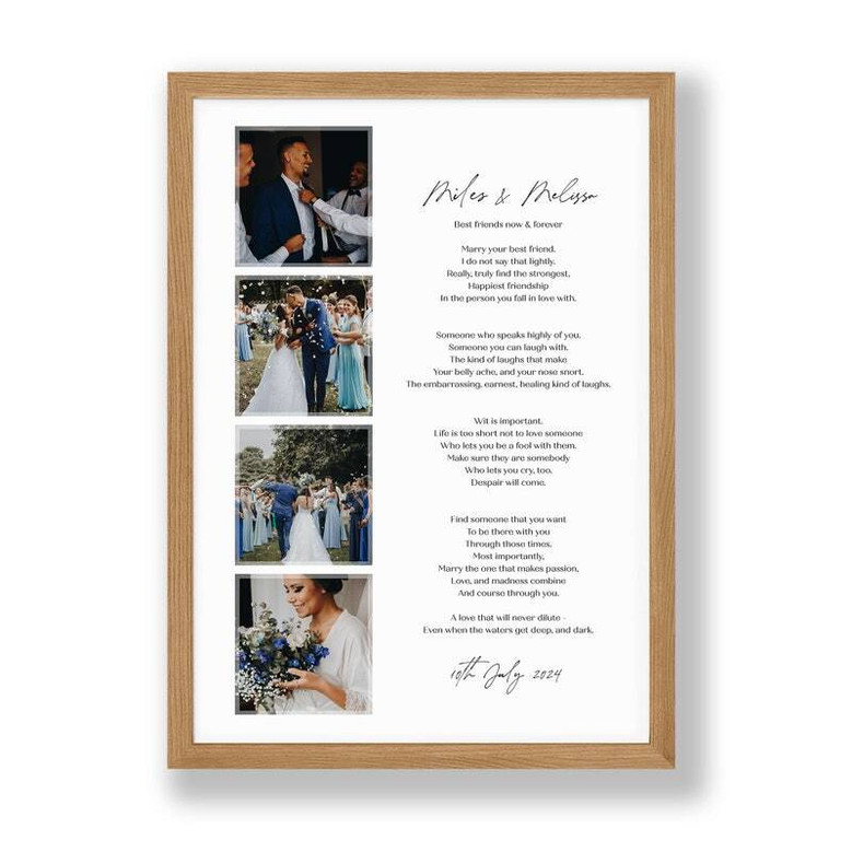 wedding vow canvas in boho style with terracotta tones and natural wood frame, personalized photo, living room wall decor
