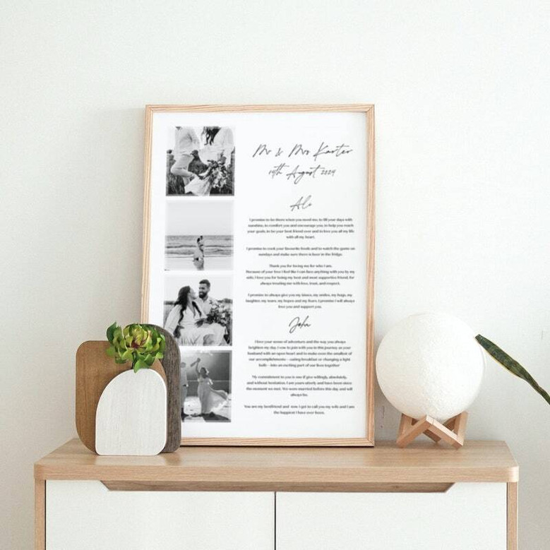 wedding vow canvas, portrait layout with black frame, custom photo, names and wedding date, 1st anniversary gift