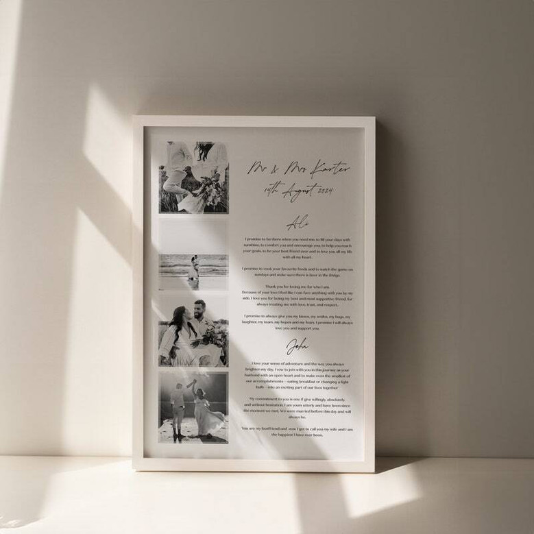 wedding vow canvas, square with black-and-white photo and modern typography, custom names and date, contemporary style