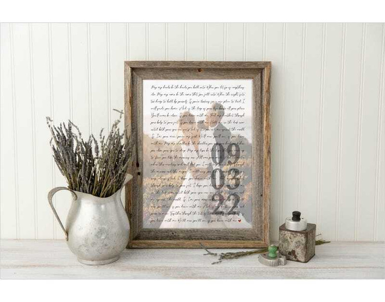 First dance song lyrics canvas with wedding vows, custom names and date, beige serif text, 1st anniversary gift