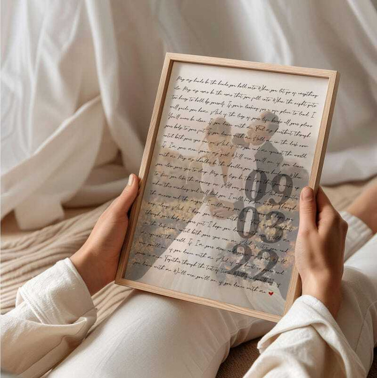 First dance song lyrics canvas with wedding vows, personalized names and date, landscape in cursive, 1st anniversary gift