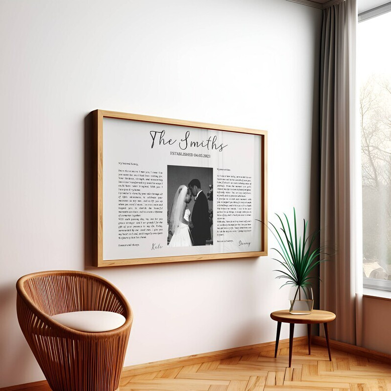 Romantic anniversary canvas with custom wedding vows and couple photo, names and date included, first anniversary gift