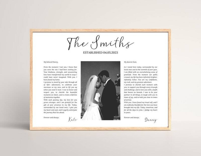 Anniversary canvas print showcasing your wedding vows and couple photo, personalized names and date, bedroom wall decor gift