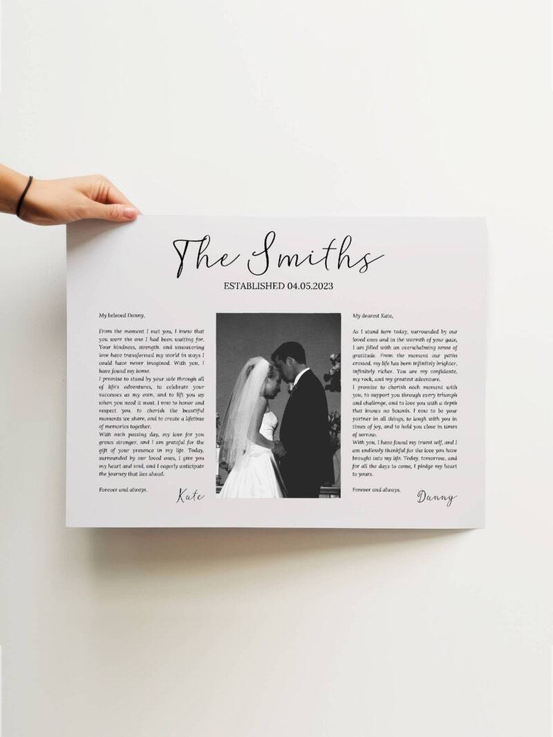 Anniversary wedding vows canvas with couple photo, names and date, sentimental first anniversary art gift for partners' home