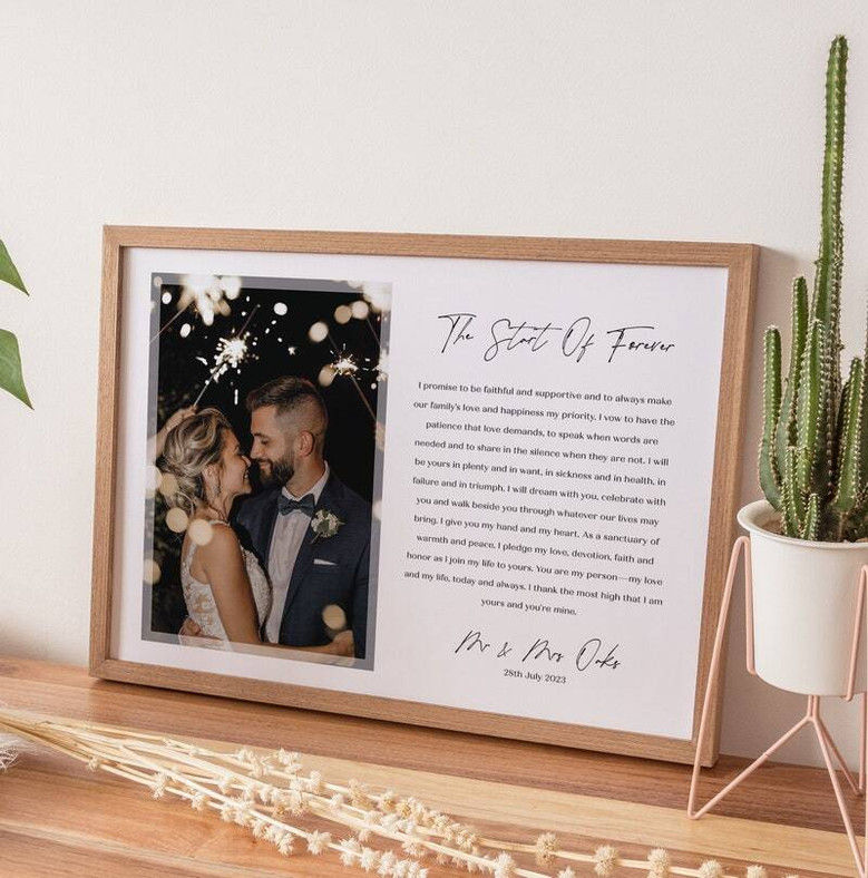 Personalized wedding vow canvas with elegant script on ivory, custom names and date, portrait layout, anniversary gift