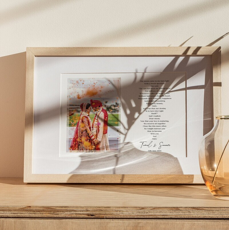 Personalized wedding vow canvas with his and hers text side by side, black frame, landscape layout, Valentine’s Day gift