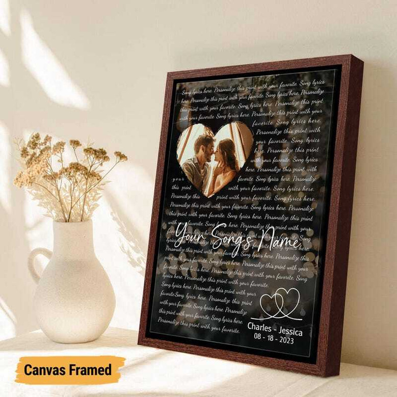 First dance wedding song lyrics canvas print, personalized names and date, blush watercolor calligraphy style, vertical