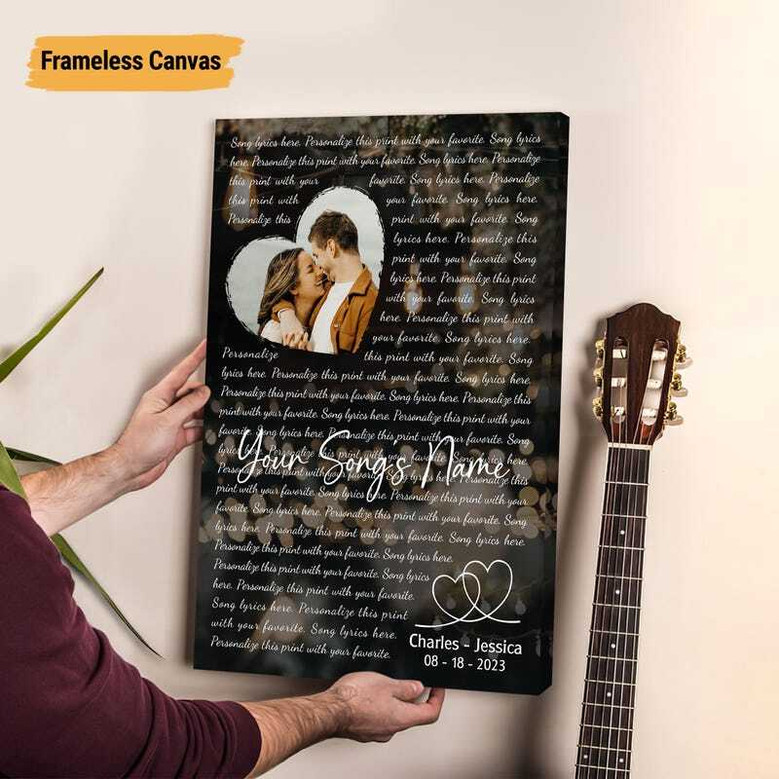 First dance wedding song lyrics canvas wall art, personalized names and date, square rustic wood with music notes for bedroom