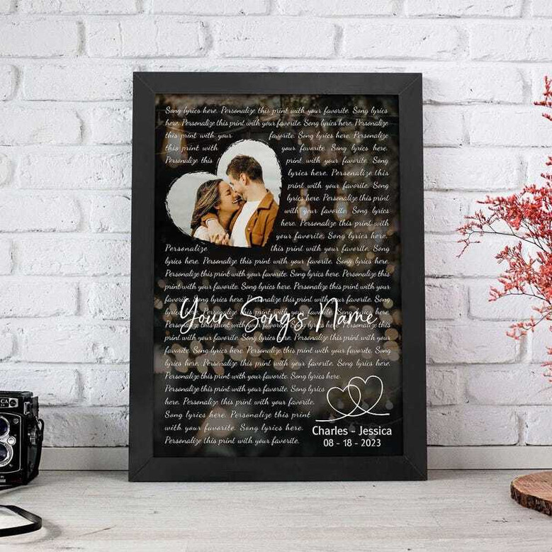 First dance wedding song lyrics canvas, personalized with couple names and date, portrait, minimalist script on white