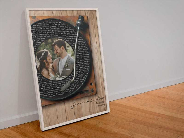 Wedding first dance lyrics canvas, personalized with a couple’s photo, names, and date; wedding or anniversary gift.