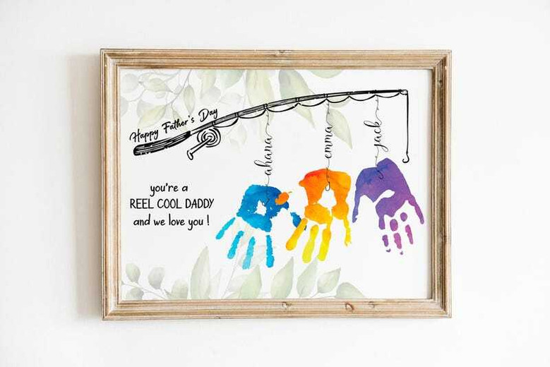 Personalized fishing dad handprint canvas, rustic wood-look style, kids' handprints as fish with custom names and date; Father's Day gift for Papa Personalized fishing dad handprint canvas, rustic wood-look style, kids' handprints as fish with custom names and date; Father's Day gift for Papa