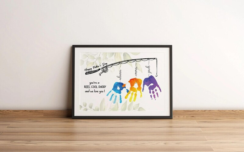 Personalized fishing dad handprint canvas, landscape layout with lure graphics, kids' fish prints and custom names; special Father's Day gift for Dad Personalized fishing dad handprint canvas, landscape layout with lure graphics, kids' fish prints and custom names; special Father's Day gift for Dad
