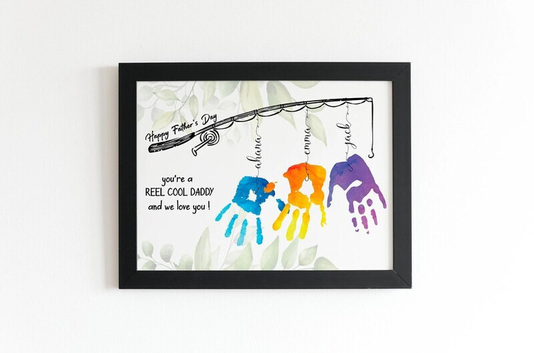 Personalized fishing dad handprint canvas in nautical teal, kids' handprints form fish, add names and date; heartfelt Father's Day gift from kids Personalized fishing dad handprint canvas in nautical teal, kids' handprints form fish, add names and date; heartfelt Father's Day gift from kids
