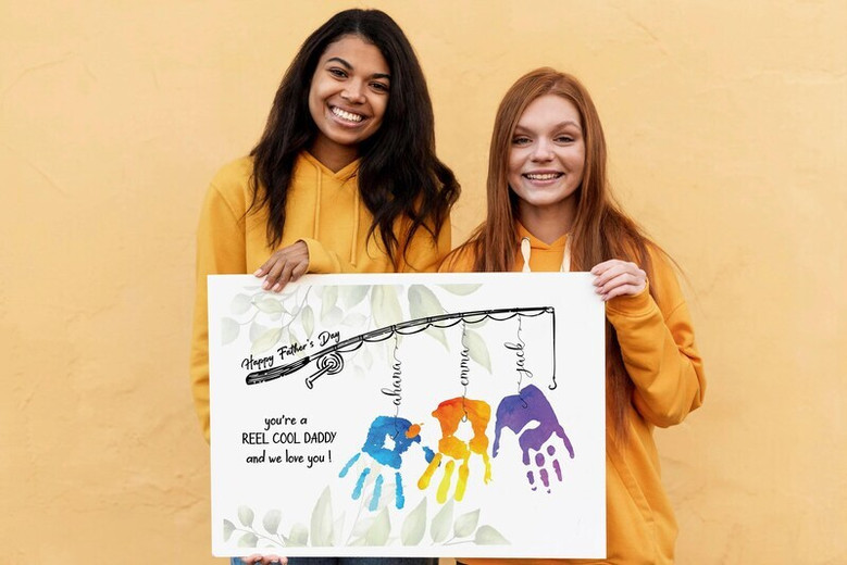 Fishing dad handprint canvas, lake scene accents in portrait orientation, children's handprint fish and custom names; Father's Day gift for Grandpa Fishing dad handprint canvas, lake scene accents in portrait orientation, children's handprint fish and custom names; Father's Day gift for Grandpa