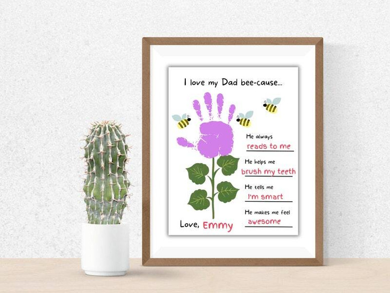 Father’s Day handprint canvas wall art, personalized with kids’ names and date for Dad, portrait layout, living room decor