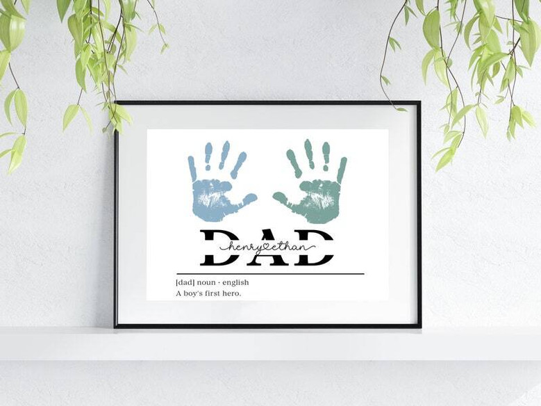 Dad handprint canvas with rustic kraft look, colorful child handprints personalized with names; Father's Day gift